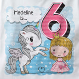 Unicorn birthday shirt for 6 year old with dark blonde hair