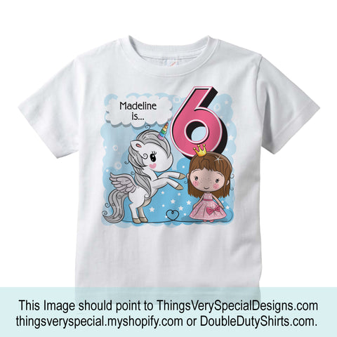 Unicorn birthday shirt for 6 year old with brown hair