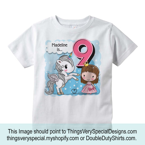 Cute 9 year old girl with unicorn, personalized shirt.