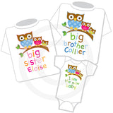 Matching Sibling Set of three shirts and Onesie with Owls