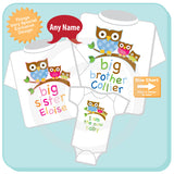 Set of Three, Big Brother Owl Shirt, Big Sister Owl Shirt, and I am the New baby Onesie Set 10122014a