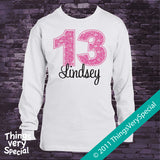 Girl's Thirteenth Birthday Shirt with big Pink number 12122011b