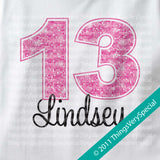 Girl's Thirteenth Birthday Shirt with big Pink number 12122011b